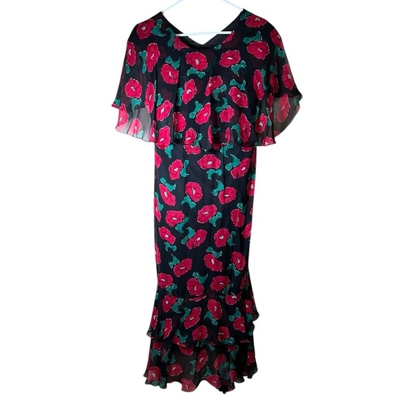 Vintage JOANIE CHAR 100% Silk Ruffled Floral Dress Red Black Chiffon Maxi Size 6 - Picture 3 of 9